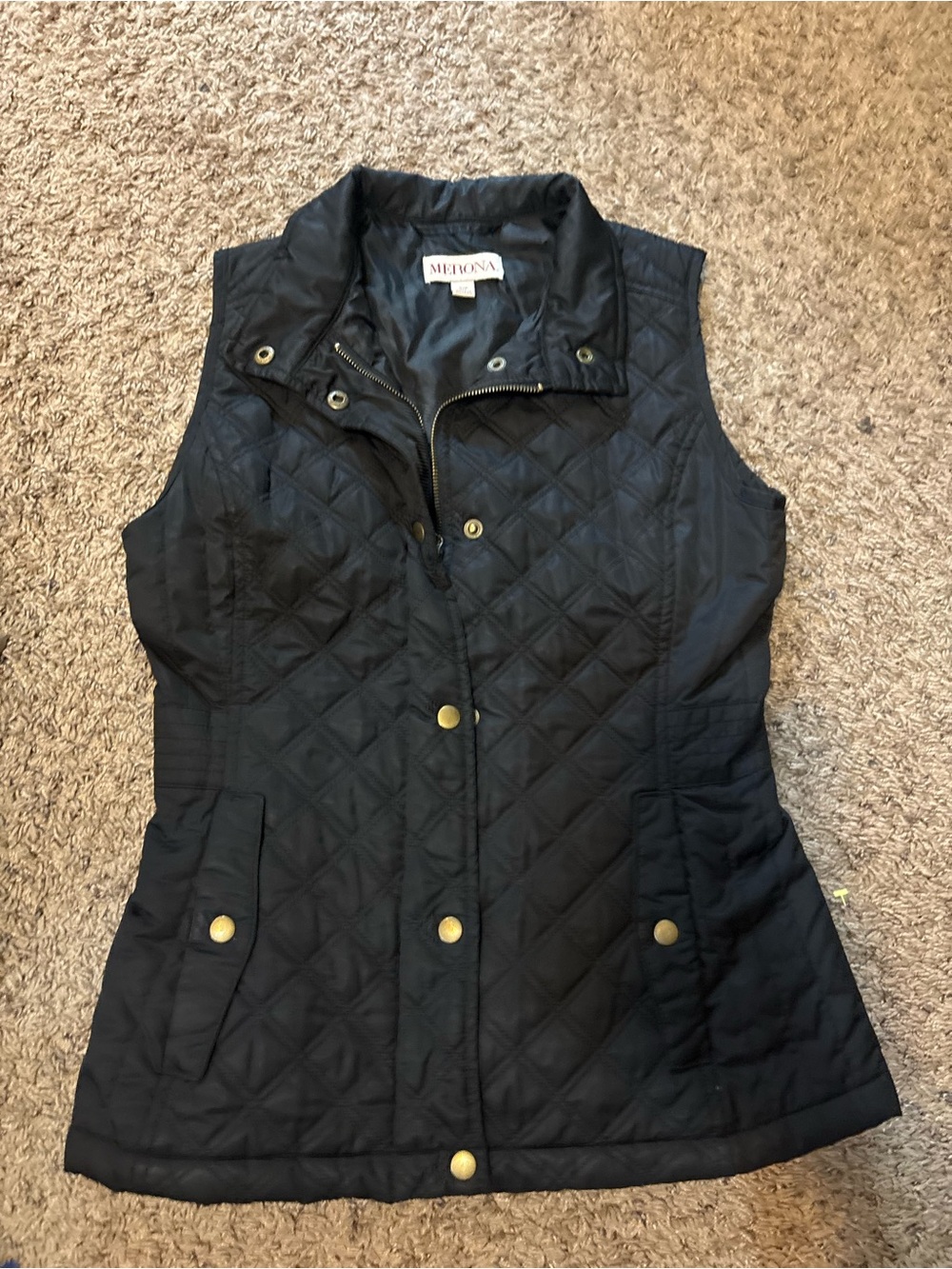 Merona Black Quilted Snap-Front Vest with Gold Hardware
